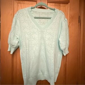 Soft Mint Pointelle Knit Sweater – XL – Puff Sleeve V-Neck